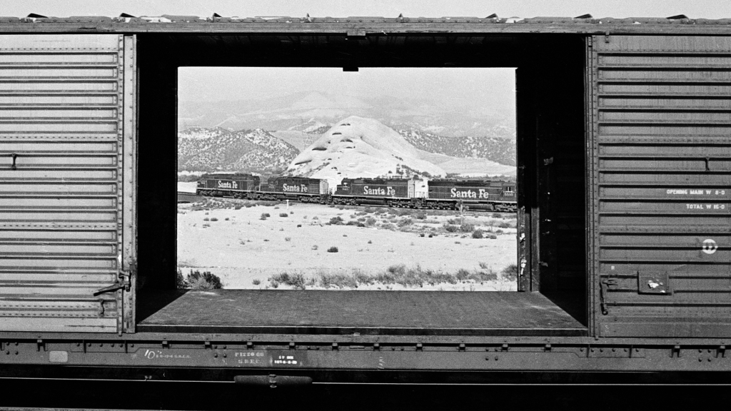 black and white photo of Sante Fe train