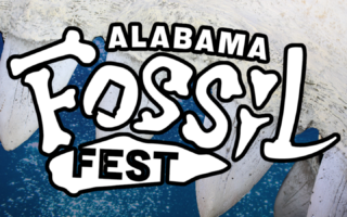 Image of a logo for the Alabama Fossil Fest, with stylized text featuring bone-like and shark motifs against a textured background.